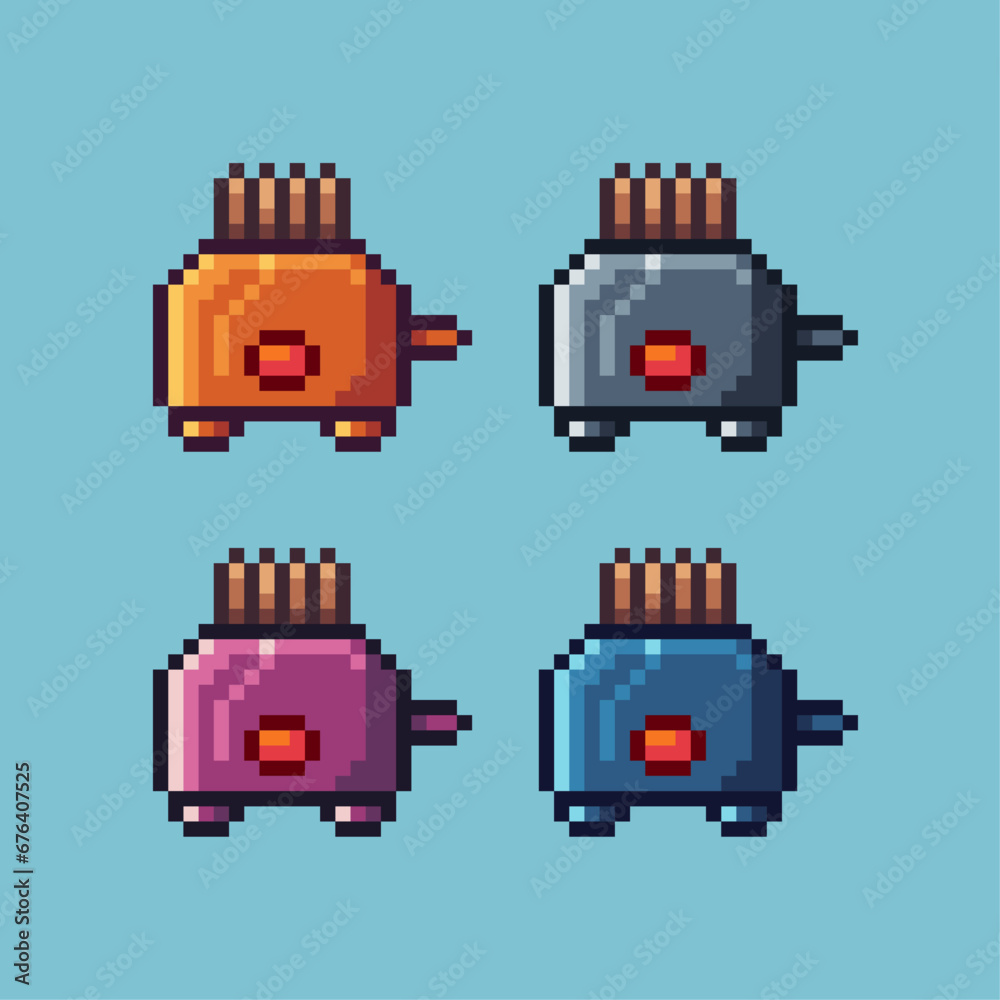 Poster pixel art sets of bread toasterwith variation color item asset. simple bits of toaster pixelated sty