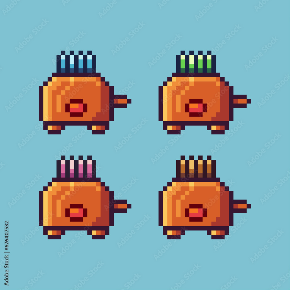 Poster pixel art sets of golden bread toasterwith variation color item asset. simple bits of toaster pixela