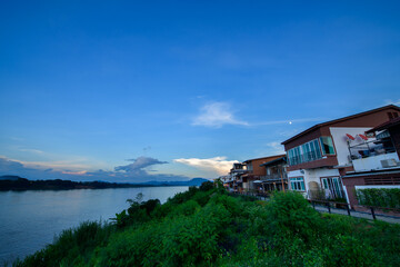 Landscape of classic wooden house beside the Mekong river in Chiang Khan district, Loei. Travel concept