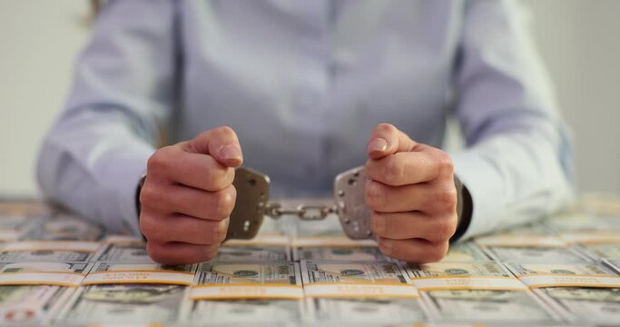 Hand of criminal thief in handcuffs and US dollar