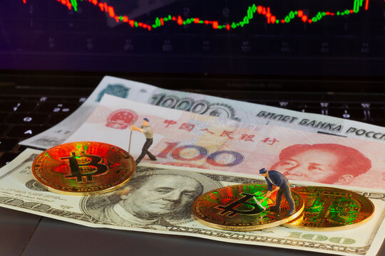 World economy currency. Dollar, yuan, (RMB),rubel and futures crypto bitcoin.