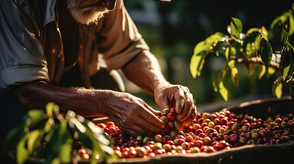 Close-up of a farmer who picks an Arabica coffee branch on a coffee plant in northern Thailand, coffee beans, a special word stem