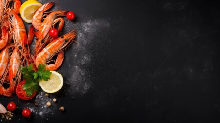 Fresh shrimps on black background. Healthy food. Free space for your text