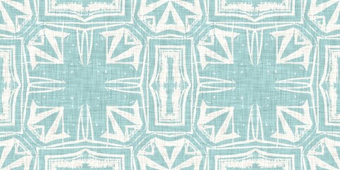 Aqua teal blue white vibrant watercolor batik azulejos tile border banner background. Seamless coastal blur linen effect geometric mosaic effect.Boho Patchwork nautical masculine summer ribbon trim. 