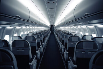 Empty seat rows in a cabin of a airplane