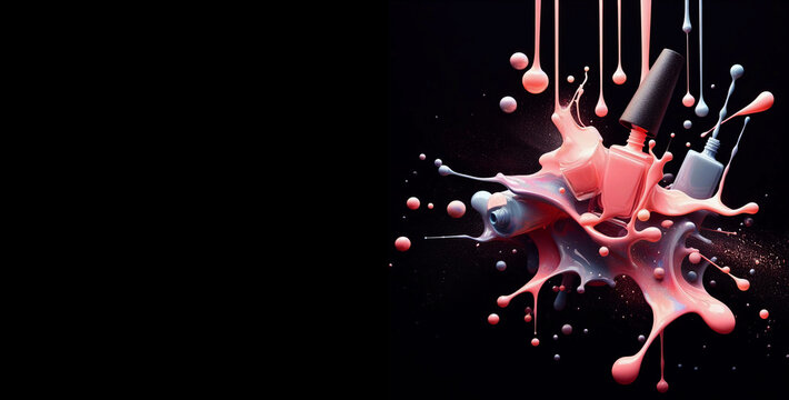 Bottle of nail polish with splashes on black background. Generative AI.