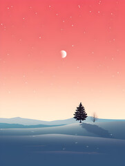 Minimalist winter scene with a snowy landscape and a tree during sunset. 