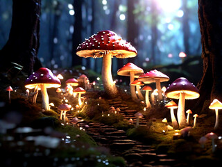 A forest of glowing mushrooms. Generative AI