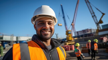 A Civil engineer takes a selfie standing near a construction site with a tower crane in the background.