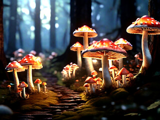 A forest of glowing mushrooms. Generative AI