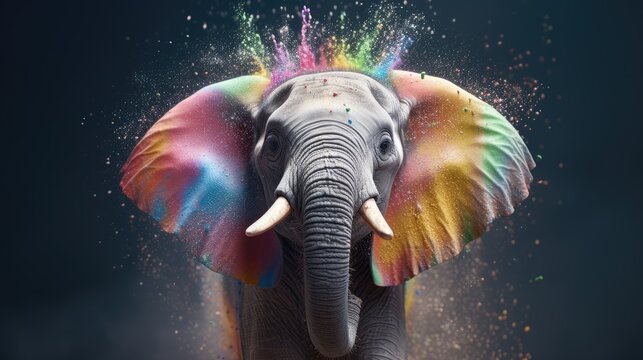  an elephant with colored paint on it's face and tusks and tusks sticking out of its trunk, with a black background of multi - colored powder.  generative ai