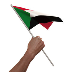 3d hand hold Sudan flag 3D render illustration, isolated on a white background