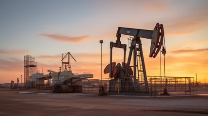 A Oil drilling machine in the desert, Industry, energy industry, gas station at sunset.