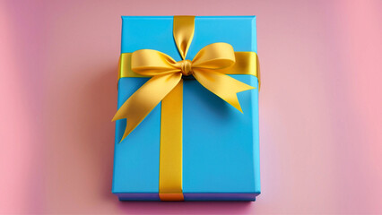 Uma caixa de presente de cor azul com um laço de fita amarela  com fundo cor-de-rosa.