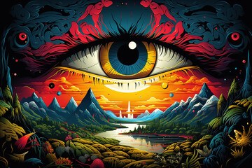 Looking big eye and nature surreal illustration in trippy style, hallucination