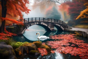 Scenic view of misty autumn landscape with beautiful old bridge with swan on pond in the garden with red maple foliage.
