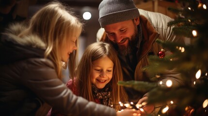 Obraz na płótnie Canvas Christmas celebration. Family, patrents and kid together outdoors, decorated Xmas tree 