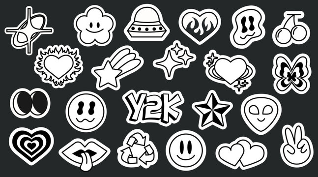 Set of trendy black and white retro Y2k stickers. Cool funky cartoon stickers pack. Geometric shapes and elements. Vector illustration of 70s groovy elements.