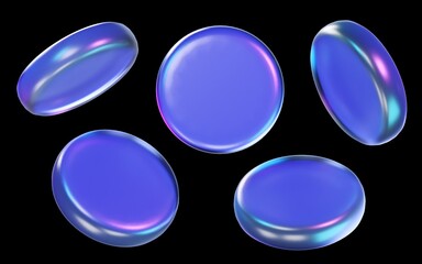 round shape with colorful gradient isolated on black background. set of circles 3d rendering illustration for graphic design, presentation or background. glassmorpism metallic material.