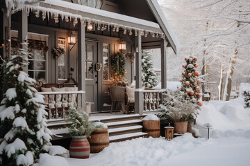 snowy front porch decorated to Christmas holidays. winter getaway cottage. travel destination - 676410940