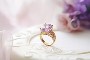 golden ring with amethyst gemstone on white table on blurred background, jewelry concept, free space for text