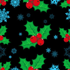 Seamless pattern with Christmas holly on a black background with snowflakes. Design element for clothes, cards, textiles, fabrics, wallpapers, wrapping paper
