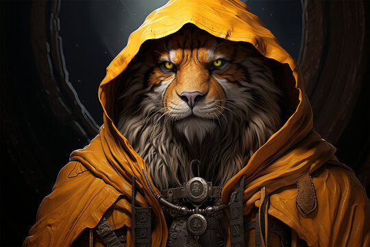 The tiger wears a yellow cape on a bright yellow background