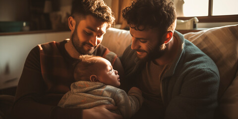 in love gay couple happy for the arrival of their first child - adoptive gay father families concept - obrazy, fototapety, plakaty