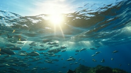 Sea level Blue sky wide angle lens Schools of fish mo.Generative AI - obrazy, fototapety, plakaty