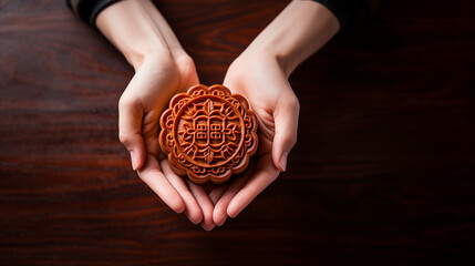 Beautiful Moon cakes on a people's hand . Chinese traditional Mid-Autumn Festival concept.
