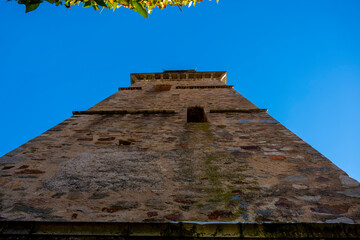 Church Tower Santa Maria del Sasso Against Blue Clear Sky on Mountain in a Sunny Day in Morcote, Ticino in Switzerland.