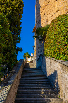 Staircase to Church Oratory of S.Antonio da Padova in Santa Maria del Sasso Against Blue Clear Sky on Mountain in a Sunny Day in Morcote, Ticino in Switzerland.