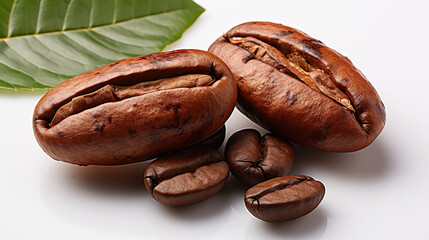 Close-up roasted coffee beans with fresh coffee leaves isolated on white background