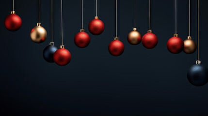 Christmas balls hanging in line on blue background. Winter holiday card with baubles.