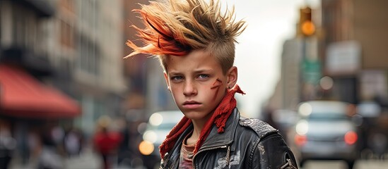 In the city a young boy with punk hairstyle walks confidently down the street exuding an urban attitude influenced by rock and roll reflecting the vibrant lifestyle of the youth and the reb - obrazy, fototapety, plakaty