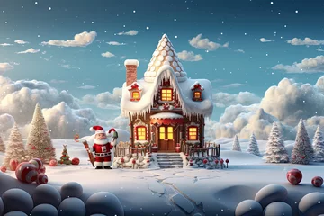 Foto op Canvas Christmas house in the forest with candies and winter holiday ornaments. Santa gingerbread house on the snow. © swillklitch