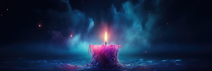 Purple candle burning on dark blue background with soft blurry lights and glittering . Esoteric spiritual practice, magical atmosphere. Advent candle with Season of Hope, All Souls Day