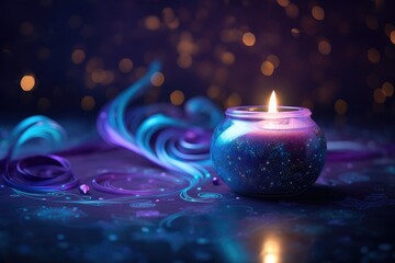 Purple candle burning on dark blue background with soft blurry lights and glittering . Esoteric...