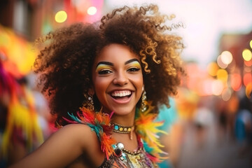 afro smiling woman dancing on the streets during carnival - obrazy, fototapety, plakaty