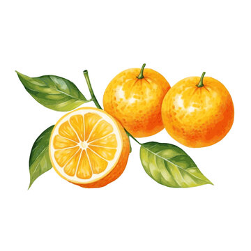 Watercolor orange fruit with leaves for food vitamin design on white background