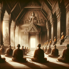 A serene illustration of a group of monks meditating in an ancient temple.  - obrazy, fototapety, plakaty