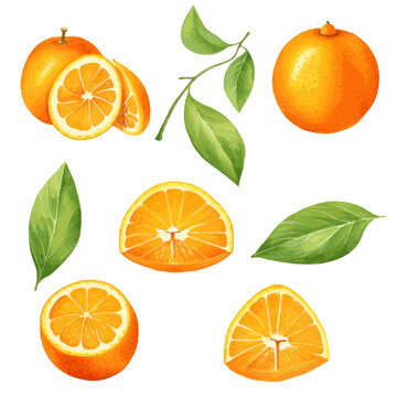 Watercolor orange fruit with leaves for food vitamin design on white background