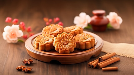 Obraz na płótnie Canvas Beautiful Moon cakes on a wooden tray with tea and flower on black slate background. Chinese traditional Mid-Autumn Festival concept.