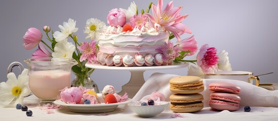 On a white background a table adorned with flowers showcases the concept of a white and pink themed lifestyle A delectable cake vibrant candies and a colorful plate of sandwiches add pops o