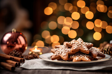 Plate of cookies with Christmas lights in the background