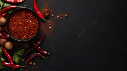 Foto auf Acrylglas Scharfe Chili-pfeffer Red hot chili pepper. Chili on dark background. Traditional sambal , food from Indonesia. Copy space