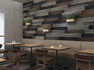 Cozy wooden interior of restaurant, copy space. Comfortable modern dining place, contemporary design background. 3D Rendering