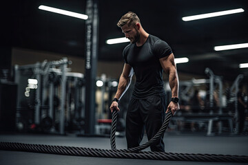Obraz premium Active man with battle battle ropes exercise in the fitness gym background. CrossFit sport training athlete workout exercises concept.