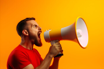 A man in a red shirt is shouting into a megaphone against an orange background. He has a beard and looks very loud