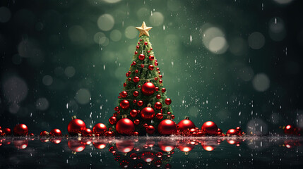 Christmas tree with glass balls on the blurred background with bokeh. Winter holidays greeting card with Xmas fir and baubles.